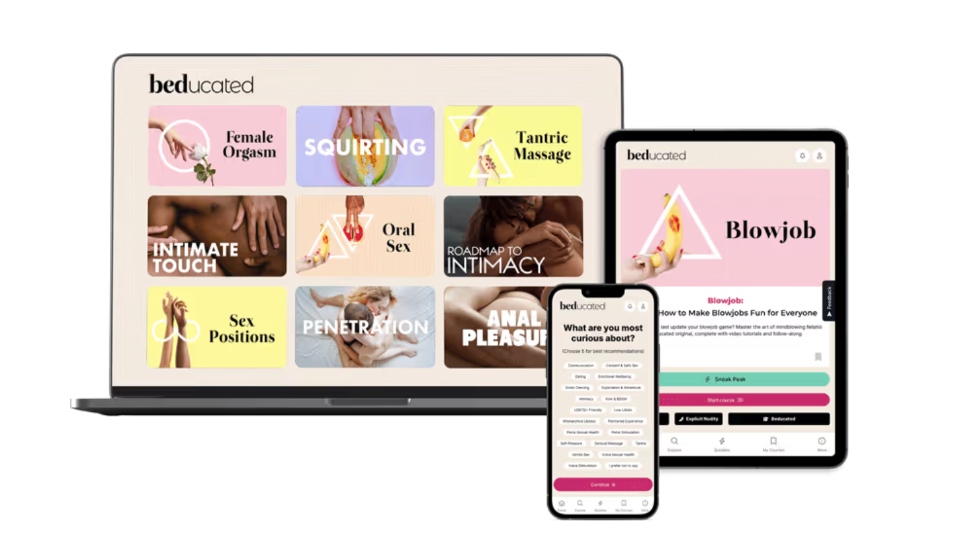 A digital display of the Beducated online sex education platform showcasing various course topics like 'Female Orgasm', 'Squirting', and 'Tantric Massage' on a laptop, tablet, and smartphone.