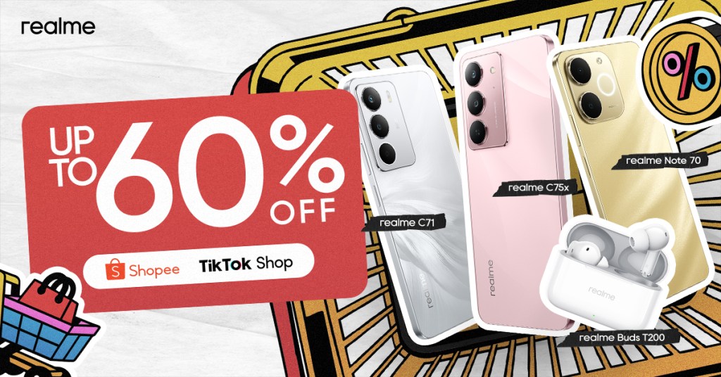 Promotional graphic featuring various realme smartphones and earbuds, highlighting discounts of up to 60% off available on Shopee and TikTok Shop.