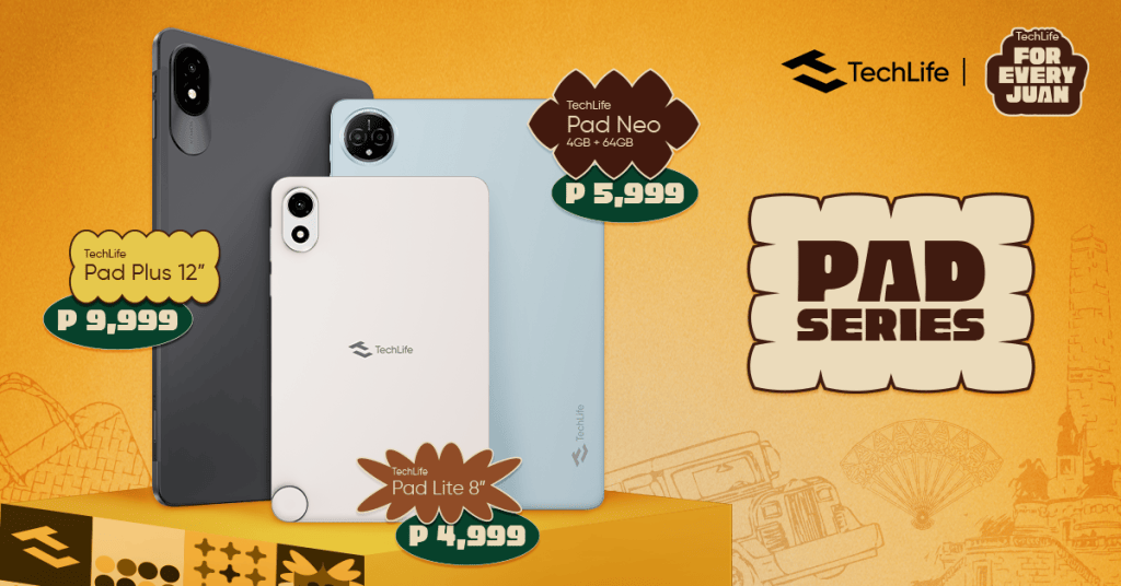 An advertisement featuring the TechLife Pad series, showcasing three different tablets: the TechLife Pad Plus 12", TechLife Pad Neo (4GB+64GB), and TechLife Pad Lite 8" against a colorful background with pricing displayed.