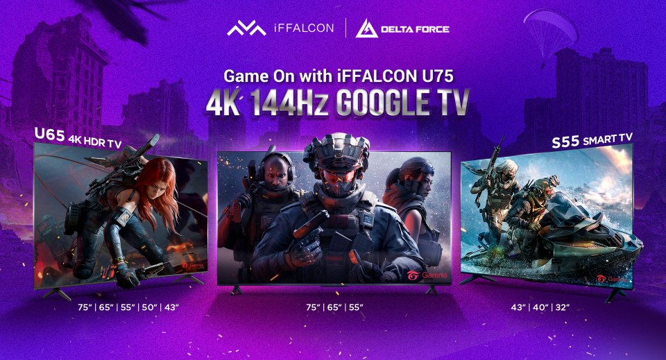A promotional image showcasing three iFFALCON smart TVs, including the U65 4K HDR TV, U75 4K 144Hz Google TV, and S55 Smart TV, with dynamic gaming visuals and specifications displayed.