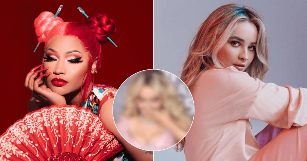 A split image featuring a vibrant portrait of a woman with red hair styled in buns and dramatic makeup on the left, and a woman with blonde hair sitting against a pale background on the right.