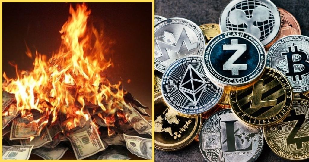 A fire burning a large pile of money with a background of flames.