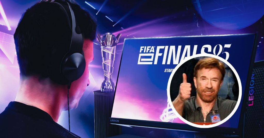 A gamer wearing headphones is focused on a monitor displaying the 'FIFAe FINALS 2025' logo, with a trophy in the background and an image of a man giving a thumbs up in an inset.