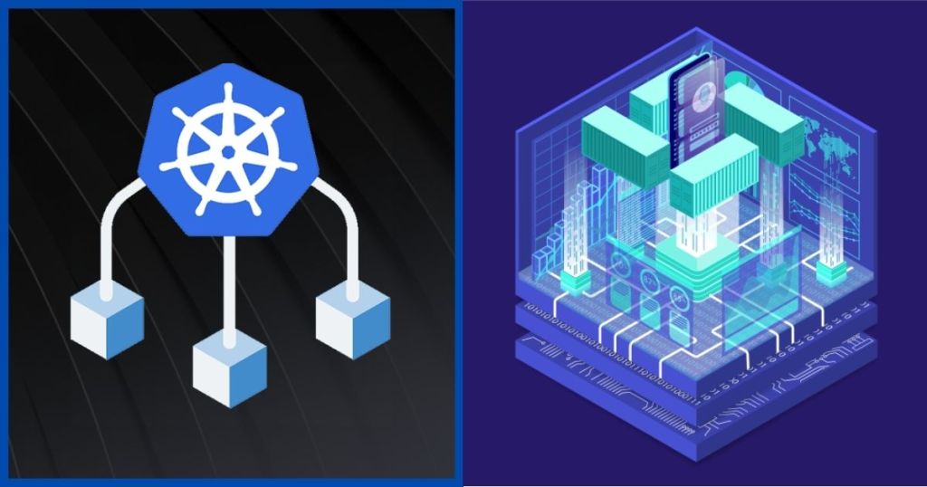 An illustration of Kubernetes architecture featuring a central hexagon with the Kubernetes logo connected to several cubes, symbolizing nodes and services, alongside a 3D representation of a digital infrastructure showing components like servers and networking elements.