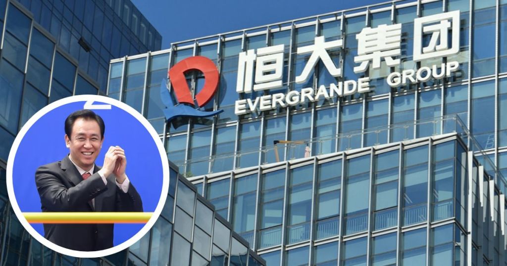 The Evergrande Group building with the company logo prominently displayed. An inset image features a man smiling and clapping.