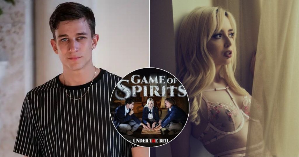 A young man in a striped shirt poses for the camera next to a close-up of a young woman in a floral lingerie set, looking contemplative. In the center, there is a promotional graphic for 'Game of Spirits,' featuring scenes from the film.