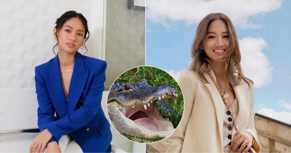 A collage featuring two women. On the left, one woman sits casually in a blue blazer. On the right, another woman stands outdoors, smiling, wearing a cream blazer. In the center is a close-up image of an alligator's mouth.