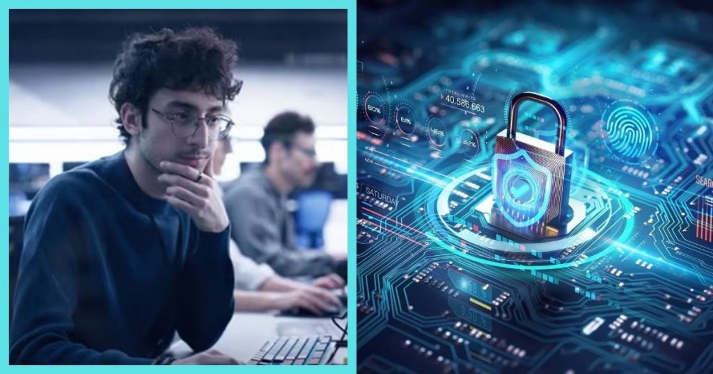 A focused individual at a computer station with colleagues in the background, contemplating cybersecurity strategies, accompanied by a digital representation of a security lock on a circuit board.