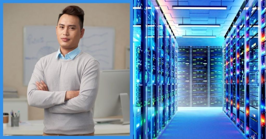 A confident individual in a gray sweater stands with arms crossed in front of a modern office space, featuring a whiteboard in the background. The right side shows a high-tech data center filled with illuminated server racks.
