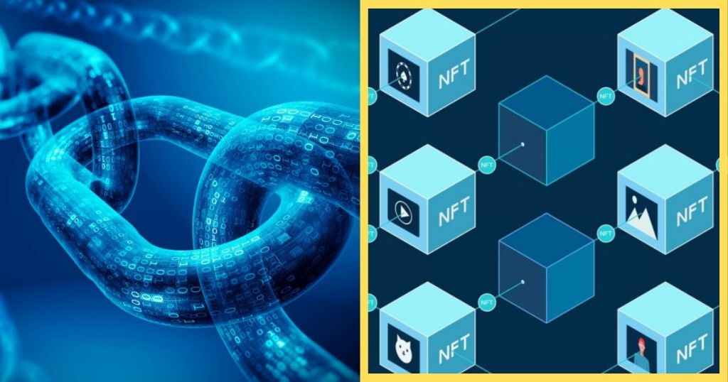 A digital depiction of a blockchain chain made of interconnected links, with a blue and binary code theme.