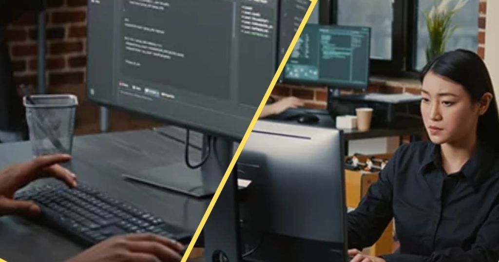 A person working on a computer with coding software, while another individual collaborates in the background in a modern office environment.