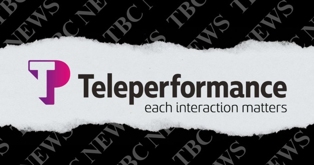 Logo of Teleperformance with the tagline 'each interaction matters' on a black background featuring 'TBC NEWS'.