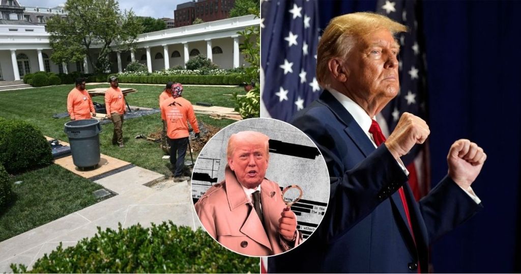 Construction workers in orange shirts working on the Rose Garden of the White House, with a visible gouge in the limestone pathway.