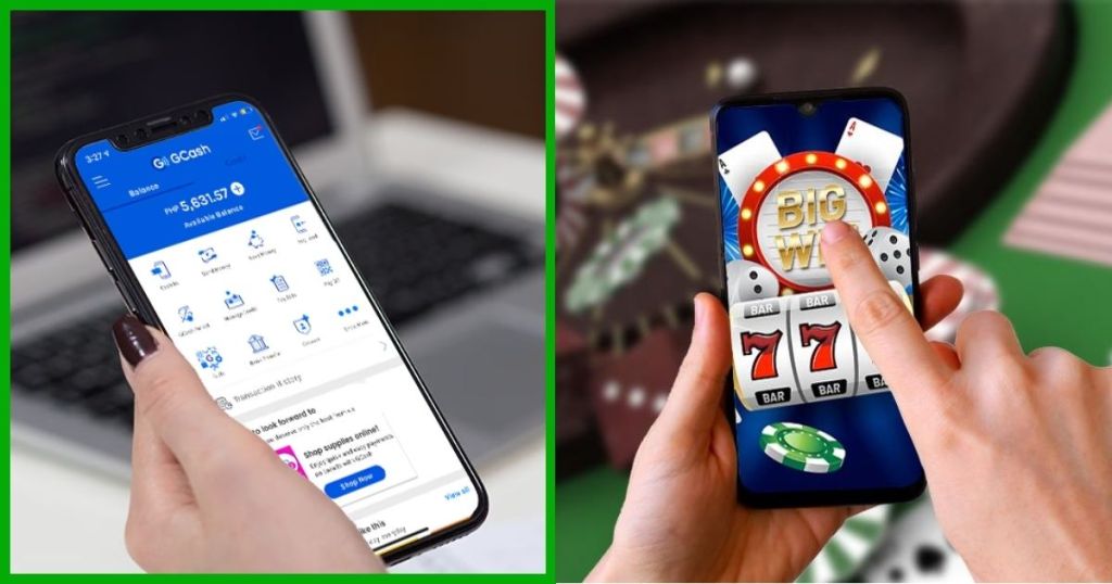 A smartphone displaying the GCash app interface with a balance and transaction options, set against a blurred laptop background, alongside another smartphone showing a casino game interface with a big win notification and gaming elements.