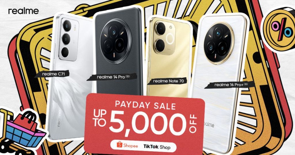 Promotional image featuring four realme smartphones: C71, 14 Pro 5G, Note 70, and 14 Pro+ 5G, with a discount banner stating 'PAYDAY SALE UP TO 5,000 OFF' and logos for Shopee and TikTok Shop.