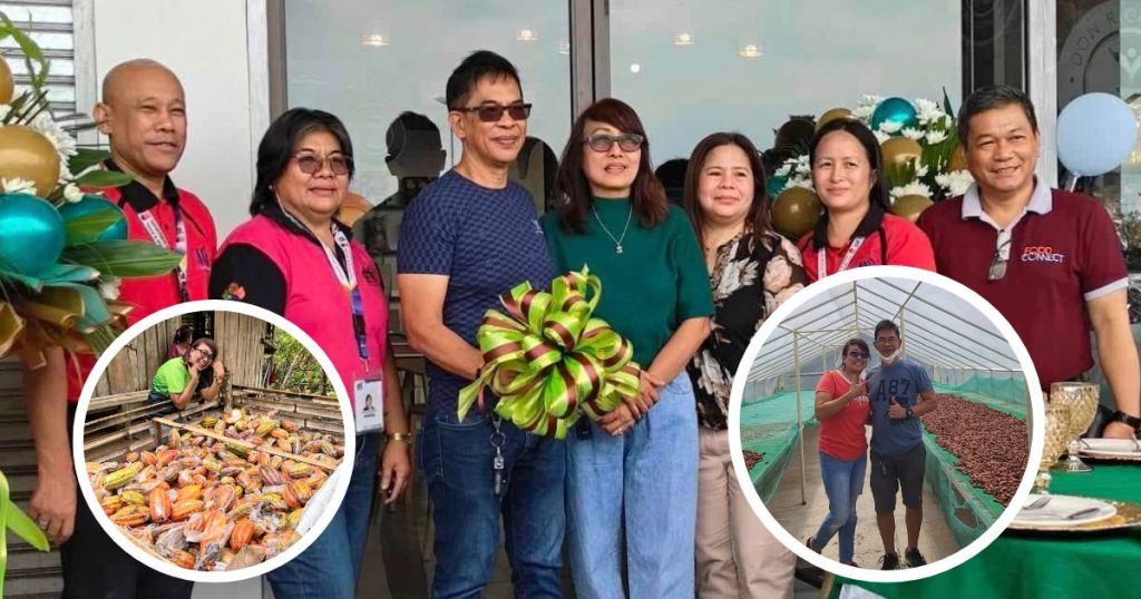 A group of people celebrating outside a store, holding a decorative item. Circular images insets show individuals working with cacao and post-harvest cacao beans.