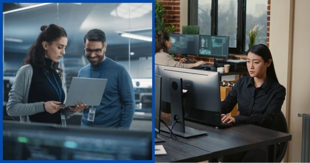 A woman and a man in a modern office discussing work on a laptop, while another woman works on a computer in the background.