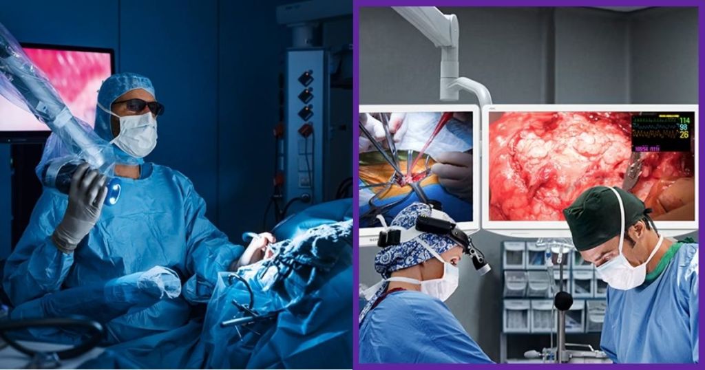 A surgeon using advanced imaging equipment during a surgical procedure, with monitors displaying detailed visuals of the surgery.