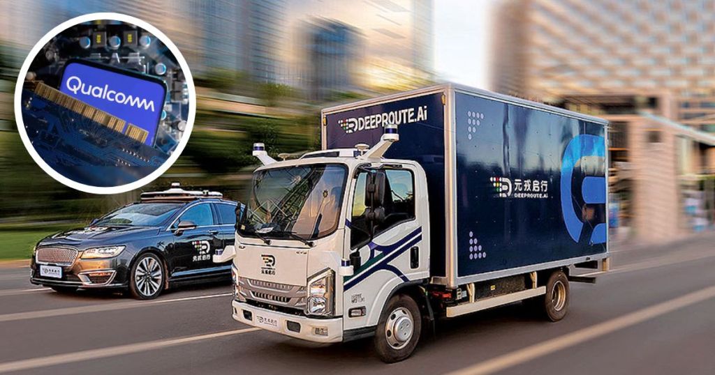 An autonomous delivery truck with a blue and white design featuring DeepRoute.ai branding, driving through an urban environment, accompanied by a sedan in the background. An inset image shows a Qualcomm chip.