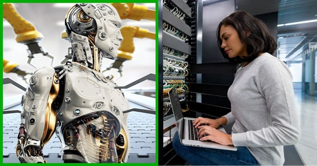 A futuristic humanoid robot with metallic features and intricate circuitry alongside a woman working on a laptop in a tech environment.