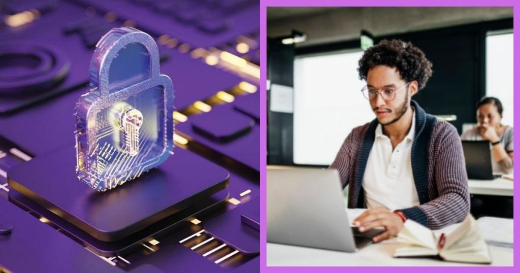 An abstract digital lock icon on a circuit board, symbolizing cybersecurity, alongside a focused individual working on a laptop in a modern office setting.