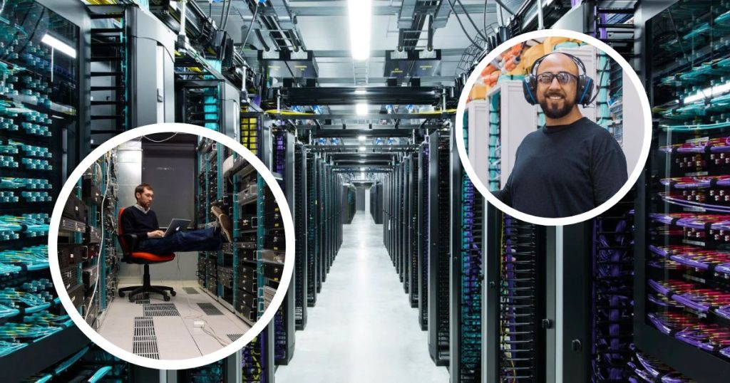 An image of a modern data center with rows of servers, featuring a man sitting at a workstation in the foreground and another man smiling while standing near the server racks.