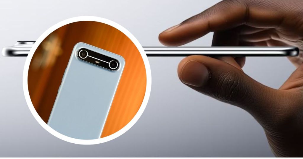 A close-up of a hand holding the TECNO POVA Slim 5G smartphone, showcasing its ultra-slim design and 3D curved display.