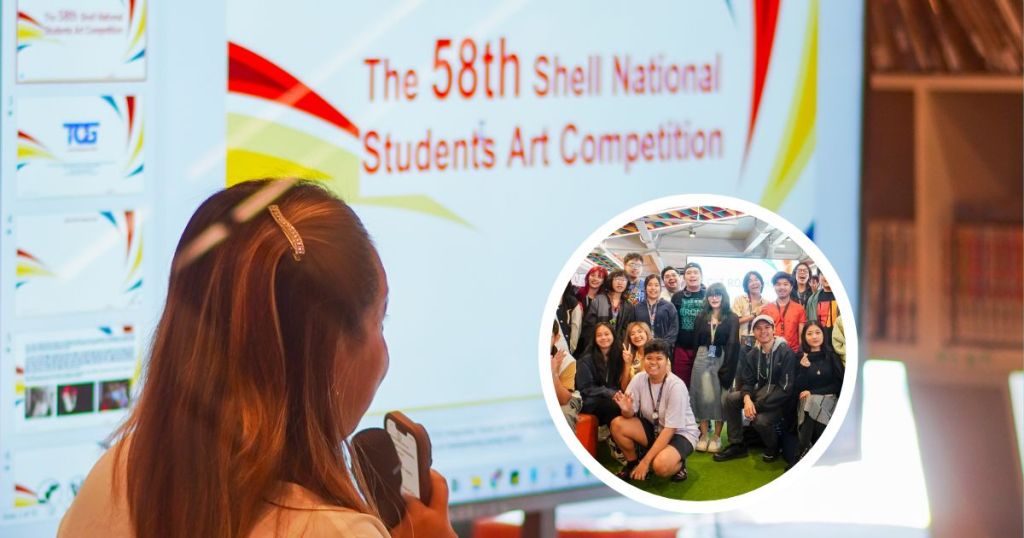A participant speaking at the 58th Shell National Students Art Competition, with a colorful presentation screen in the background showcasing the event details. An inset photo of a group of student artists gathered together is visible.