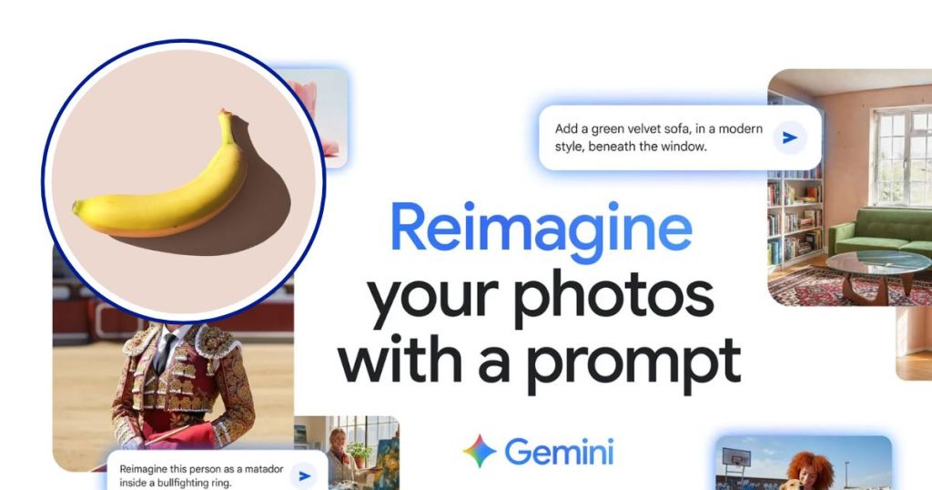 An illustration featuring a banana in a circular overlay alongside text prompts for photo reimagination using Google's Gemini tool.