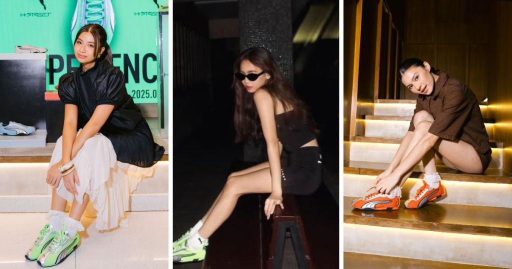 Three women showcasing the PUMA H-Street sneakers in different settings. The first woman is seated beside a promotional display, wearing a black dress with a white skirt and green sneakers. The second woman is styled in a black outfit with sunglasses, posing in a dark environment with green sneakers. The third woman is sitting on a staircase, wearing an oversized brown shirt and orange sneakers.