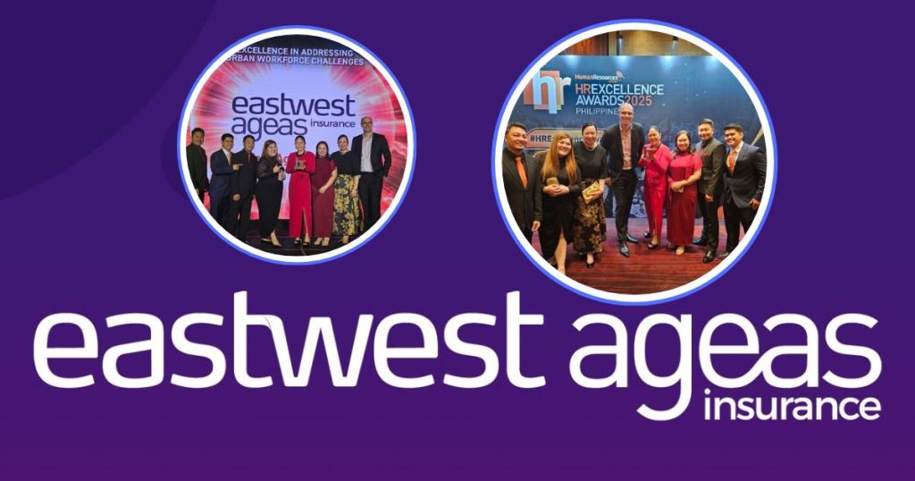 A group of professionals from EastWest Ageas poses together at the 2025 HR Excellence Awards, showcasing their Bronze award for addressing urban workforce challenges.