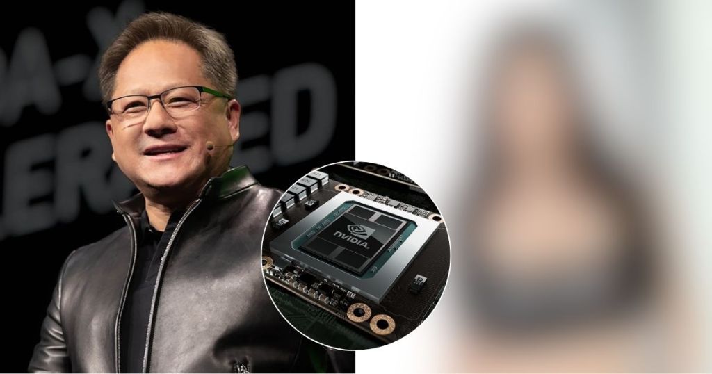 A speaker at an event showcasing Nvidia technology, wearing glasses and a leather jacket, with an Nvidia chip prominently displayed in the foreground.