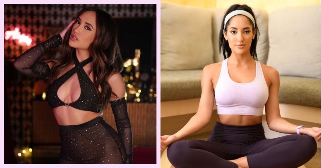 A split image featuring two different women. On the left, a woman poses confidently in a revealing black outfit with sparkles, showing a playful expression. On the right, another woman sits cross-legged in a serene pose, wearing a light purple top and black leggings, looking calm and focused.