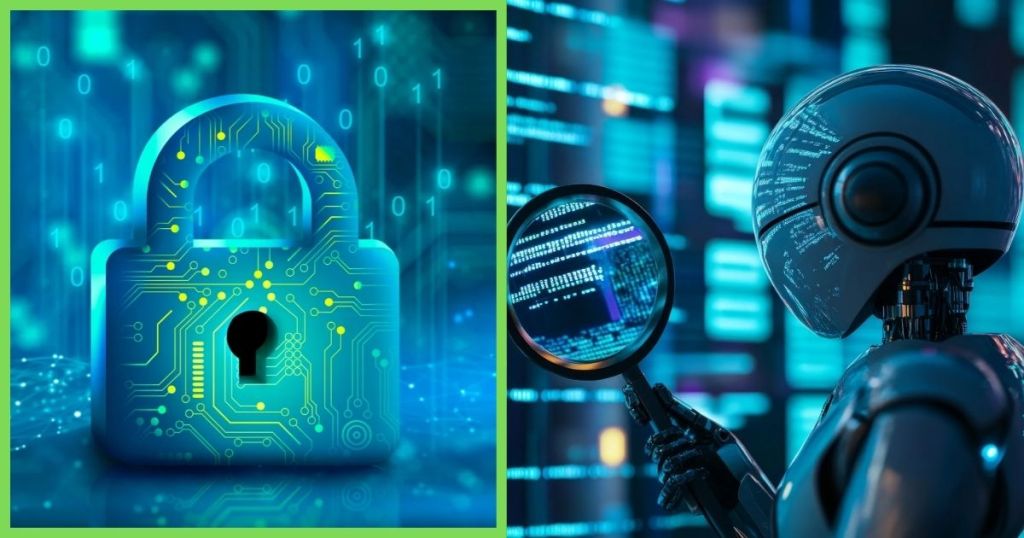 A digital padlock with circuit patterns, symbolizing cybersecurity, alongside a robotic figure examining digital code with a magnifying glass against a high-tech background.
