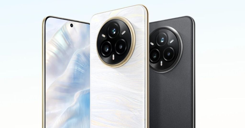 Close-up view of the realme 14 Pro+ 5G smartphone showcasing the Pearl White and Suede Grey variants, highlighting the camera design and sleek contours.