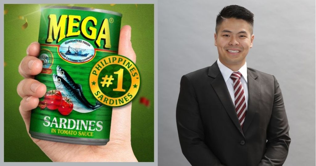 A hand holding a can of Mega Sardines in tomato sauce, with a label indicating it is the '#1 Sardines in the Philippines.'