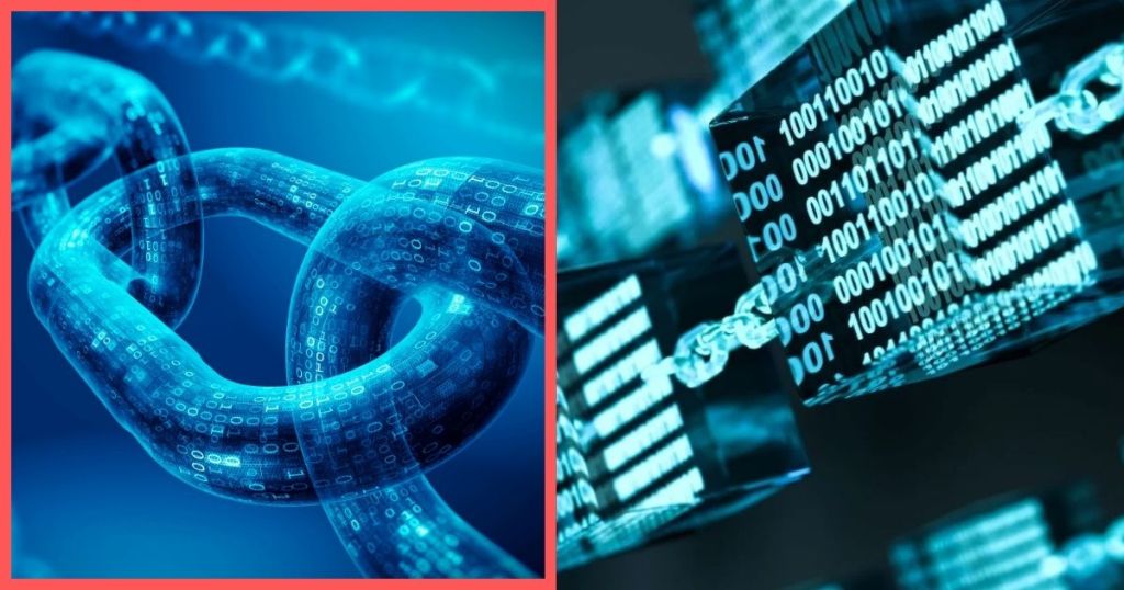 A digital illustration of a blockchain, showcasing interconnected chains with binary code motifs, symbolizing data transfer and consensus mechanisms.