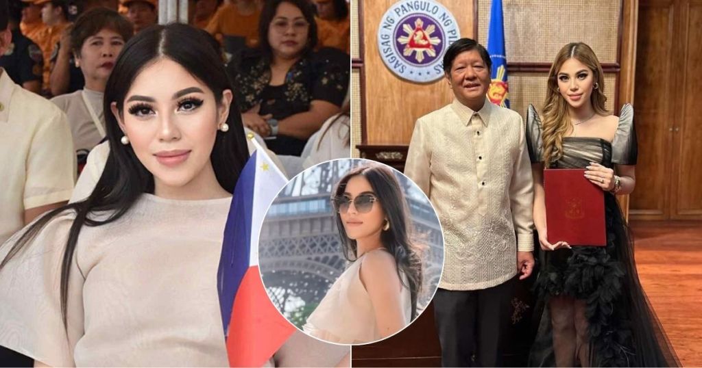 Barangay Captain Jasmine Chan posing with a Philippine flag during an event, alongside another image of her in front of the Eiffel Tower.