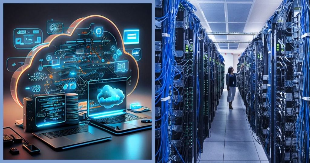 A digital representation of cloud computing alongside a physical data center filled with server racks and networking equipment.