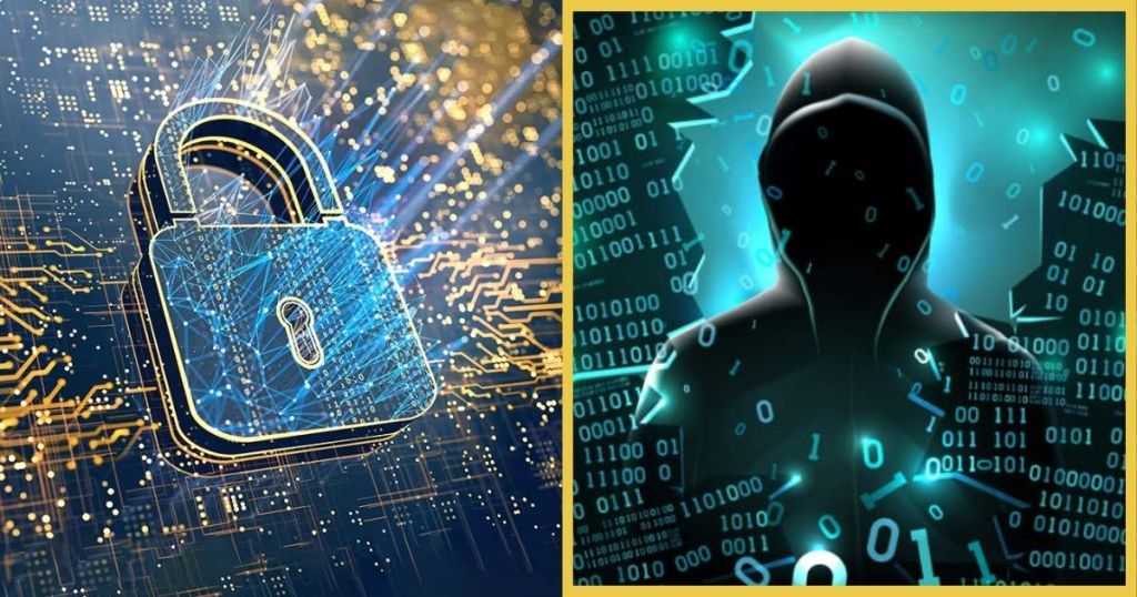A digital lock representing cybersecurity alongside a shadowy figure symbolizing a hacker, with a background of binary code and circuitry.