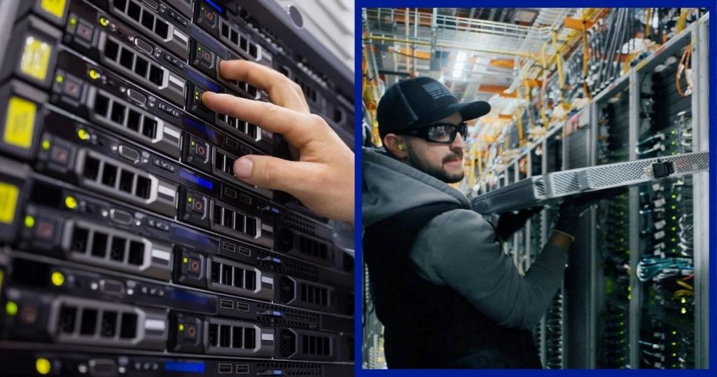 A technician adjusting settings on multiple server units in a data center, showcasing the intricate technology used in modern computing facilities.