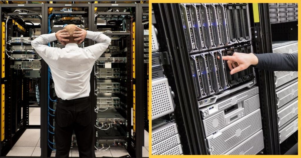 A frustrated technician stands in front of a server rack, holding his head in distress, while another technician points at a server in a different rack.