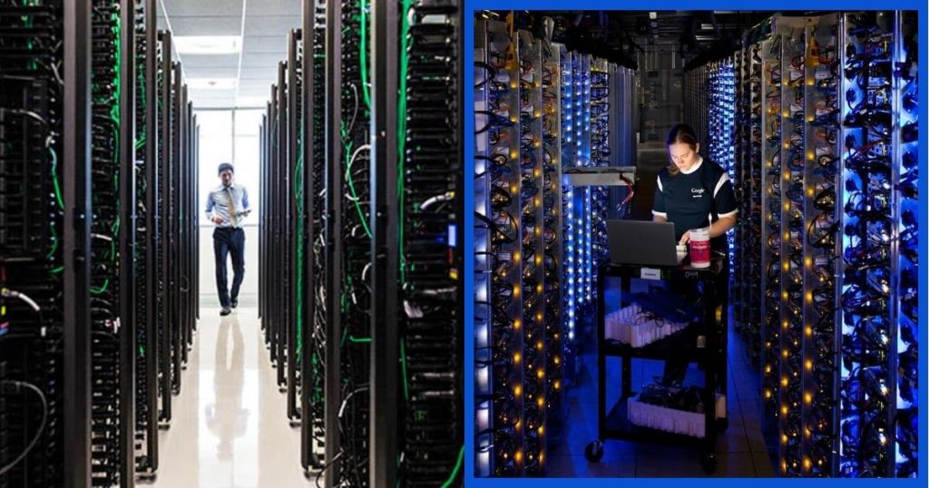 A person walking between rows of server racks in a data center, with visible cables and equipment.