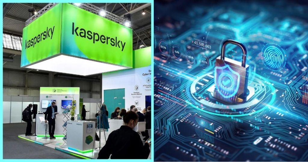 Kaspersky exhibition booth showcasing cybersecurity advancements, with people engaging around technology displays.