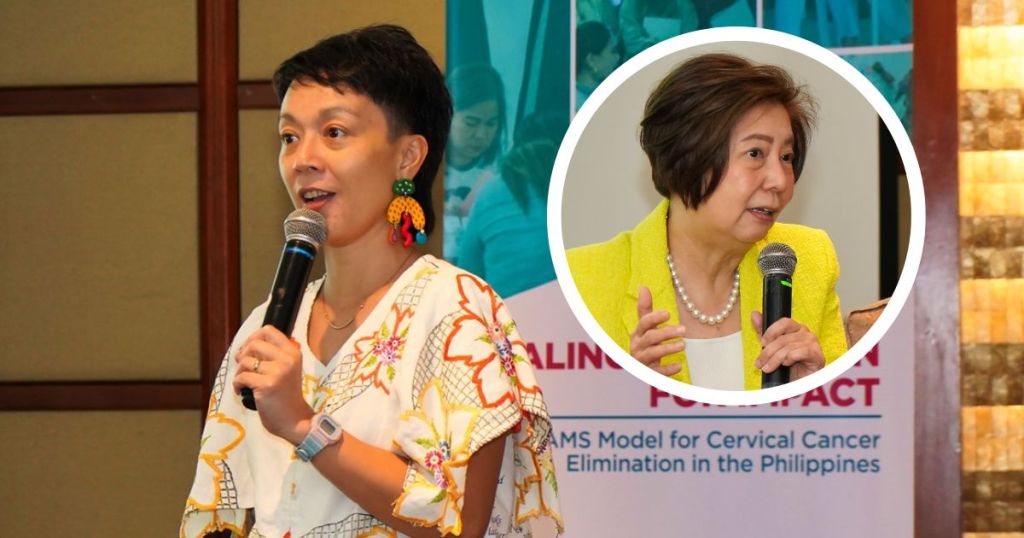 Two women speaking at an event about the CLAMS model for cervical cancer elimination in the Philippines. One woman is presenting while another listens attentively.
