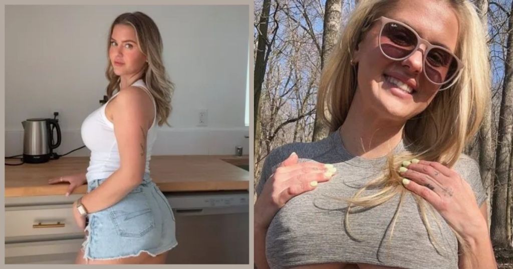A dual image featuring Wisconsin Tiff, with one side showing her posing in a kitchen wearing a white tank top and denim shorts, and the other side showing her outdoors with sunglasses, smiling while playfully adjusting her grey shirt.
