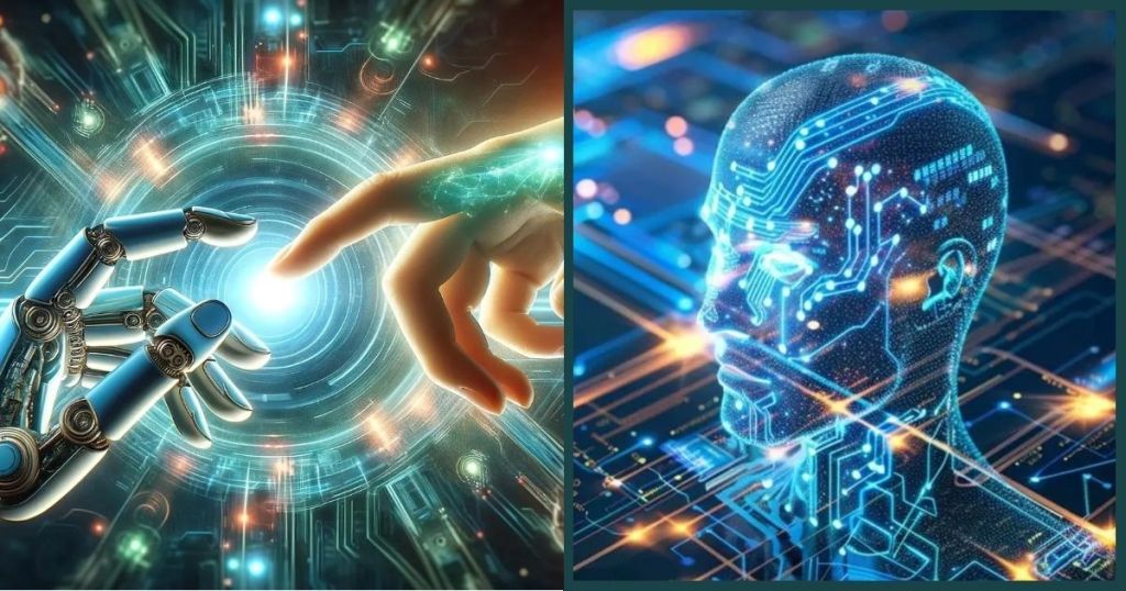 An artistic representation of a robotic hand reaching toward a human hand, symbolizing the connection between technology and humanity, with a digital background featuring circuits and glowing elements.