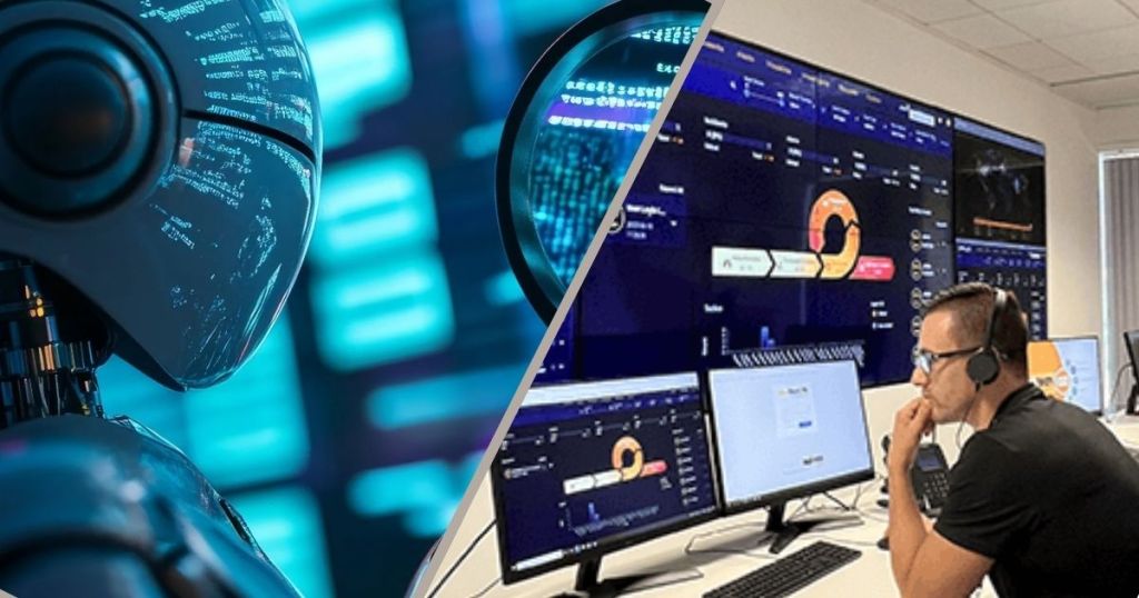 A futuristic robot with a digital display on its head, and a person wearing a headset, focused on multiple computer screens showing data analytics in a modern office setting.