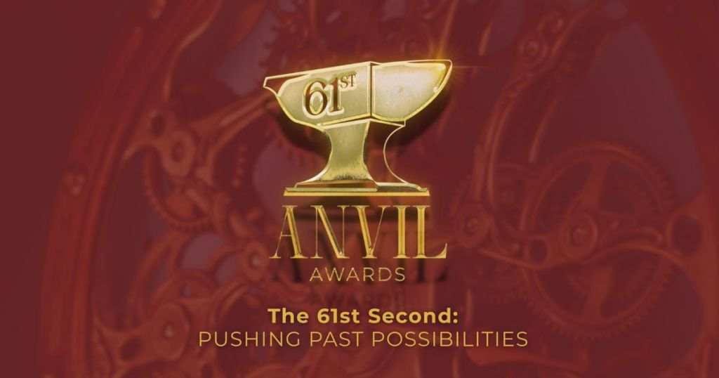Anvil Awards logo with the text '61st Anvil Awards' and the theme 'The 61st Second: Pushing Past Possibilities' on a maroon background.