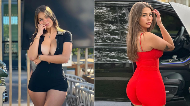 A young woman with long hair poses, wearing a black outfit, showing confidence and a playful expression, while another image shows her from the side in a red outfit, leaning against a car.